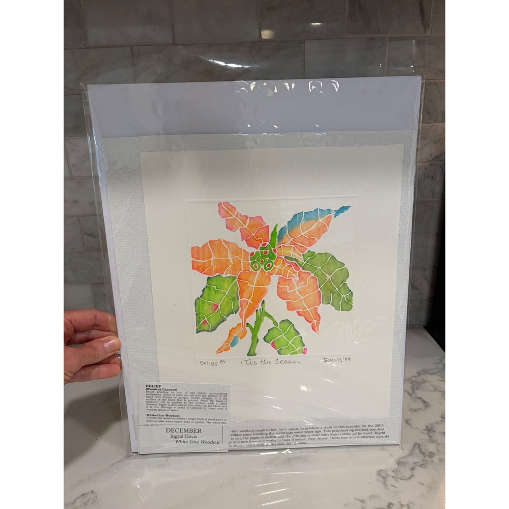 Ingrid Davis White-Line Woodcut Print Tis the Season Poinsettia Signed 50/185 EV